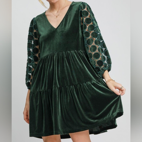 Umgee Lace Velvet Sheer Polka-dot Boho Babydoll Ruffle Long Sleeve Mini Dress - Picture 12 of 14